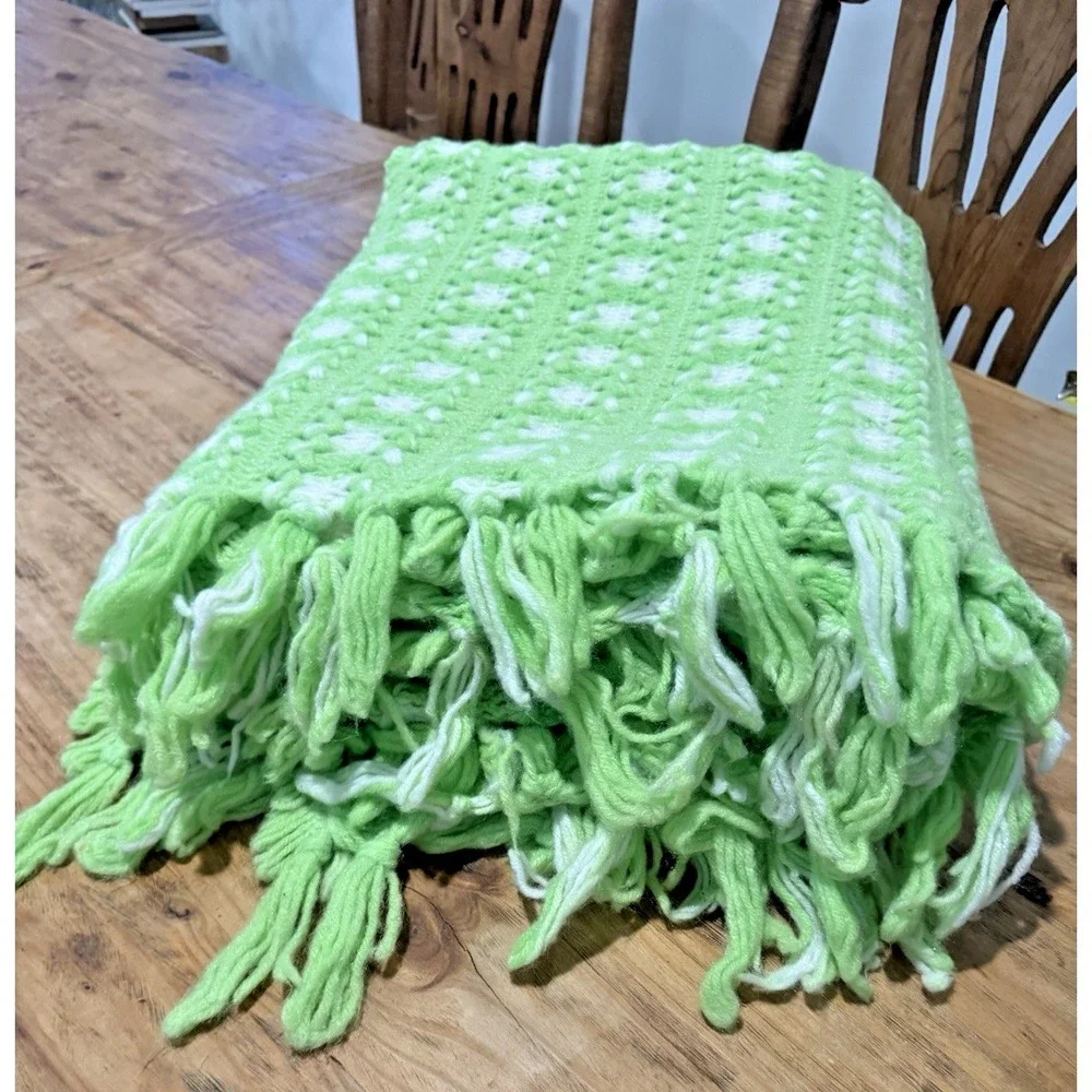 VTG Crochet Granny Square Blanket Green White Fringe Cottage Grandma 83X63 In